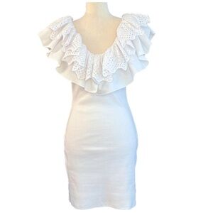 New! Zara White Ruffle  Ribbed Stretch Mini Dress Size Lrg